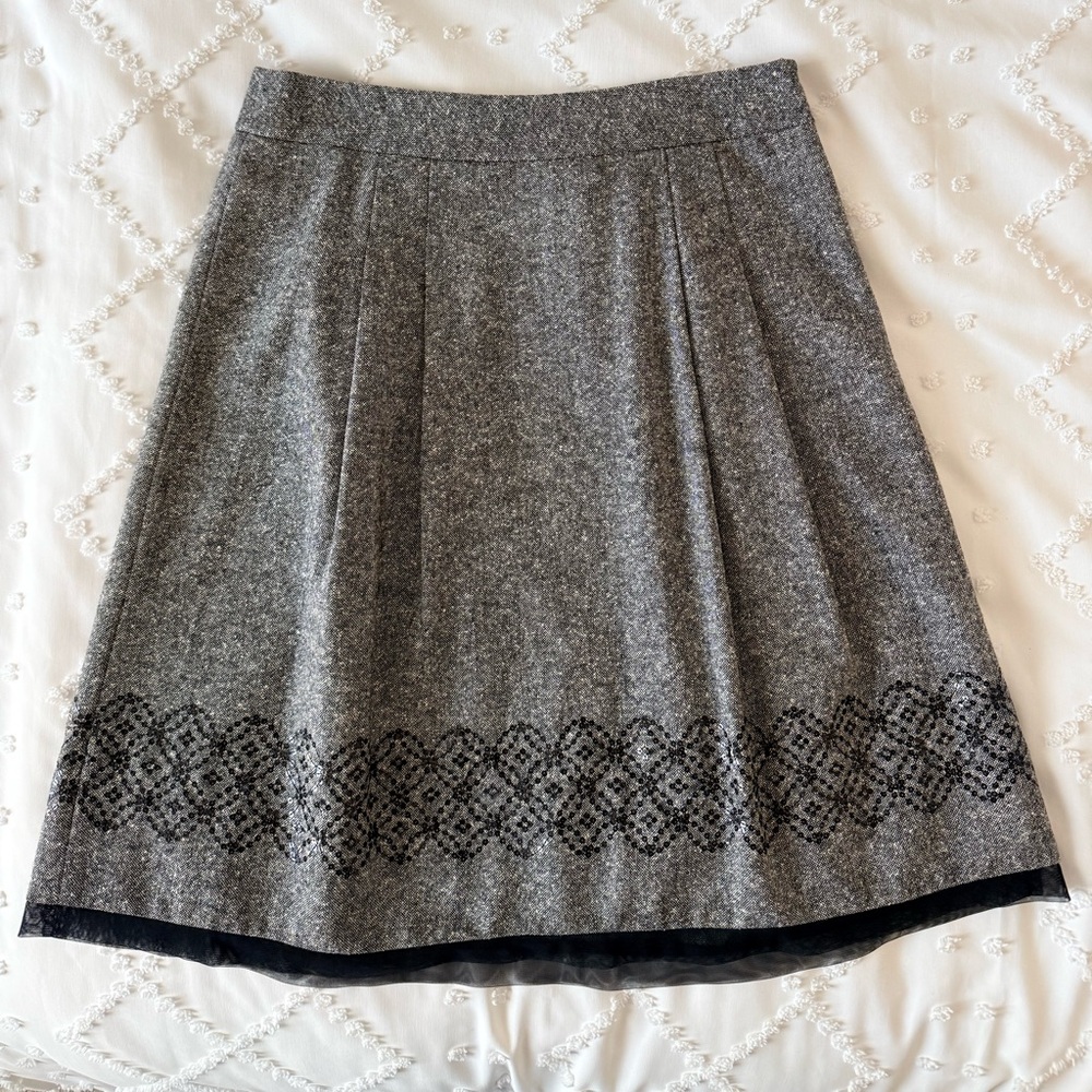 LOFT Gray A-Line Wool-Blend Skirt with Black Embroidered Hem